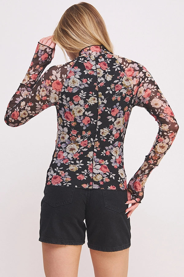 Mock Neck Floral Print Stretchy Mesh Top