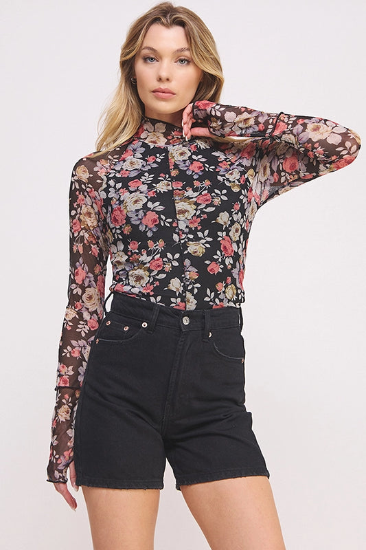 Mock Neck Floral Print Stretchy Mesh Top