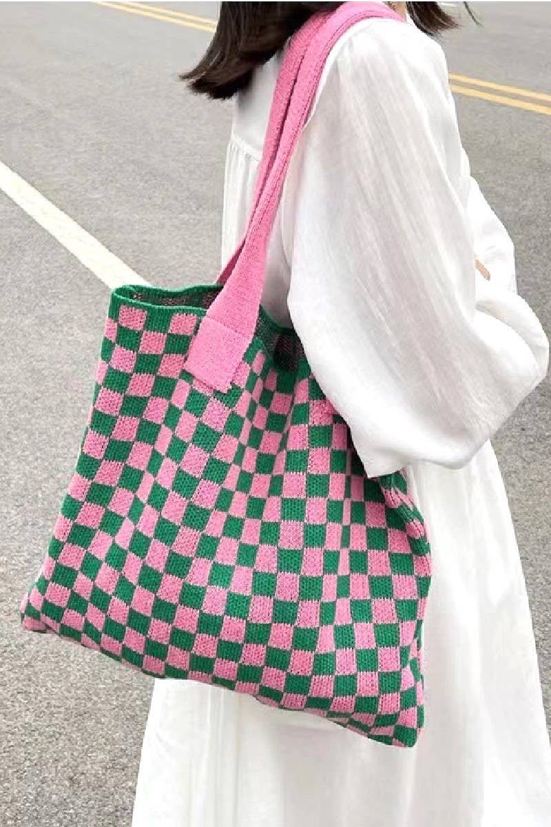Checkered Crochet Knit Canvas Bag